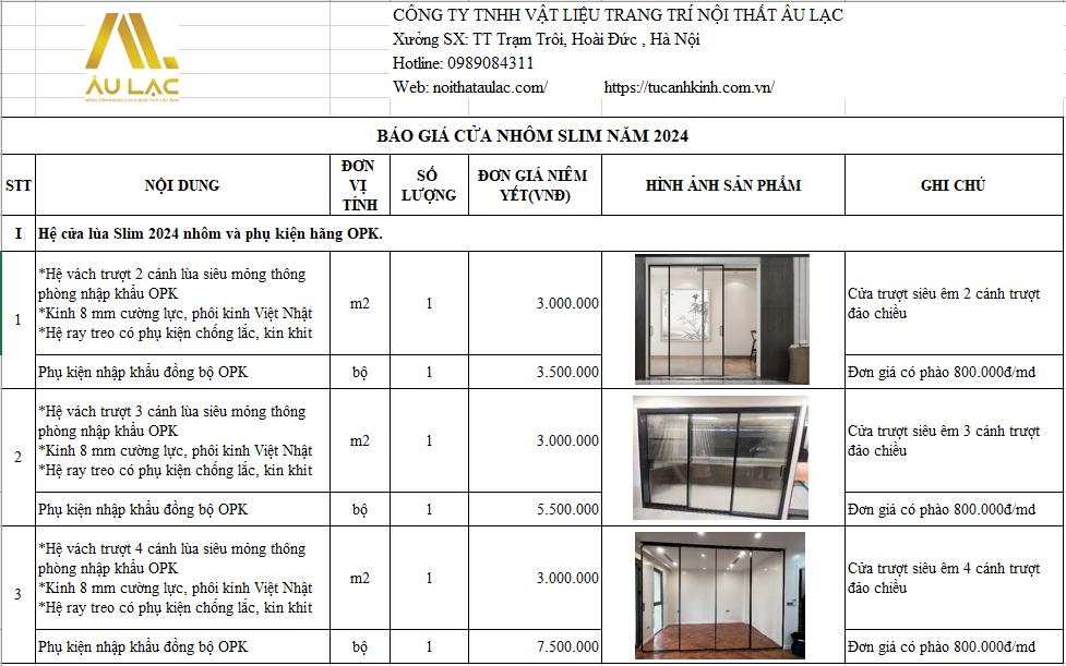 báo giá cửa lùa Slim 2024